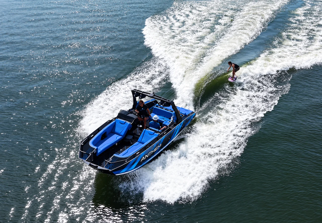 Blue Assault XR23 beside a wakesurfer